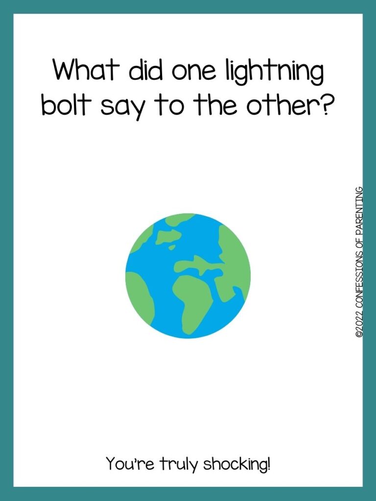 white background with blue border, picture of the earth with blue water and green land; earth day joke for kids