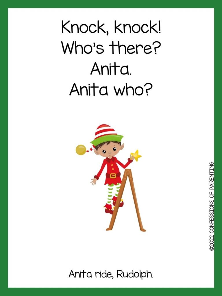 White background with green border. Black writing of Christmas knock knock jokes; elf with green and red striped hat green and white pants. standing on a brown ladder holding a star