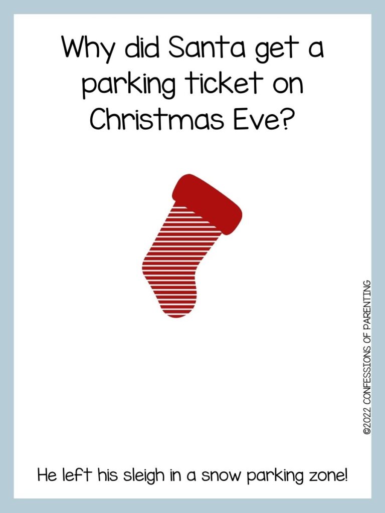 White background with blue border; black lettering with Christmas joke. Red and white Christmas stocking