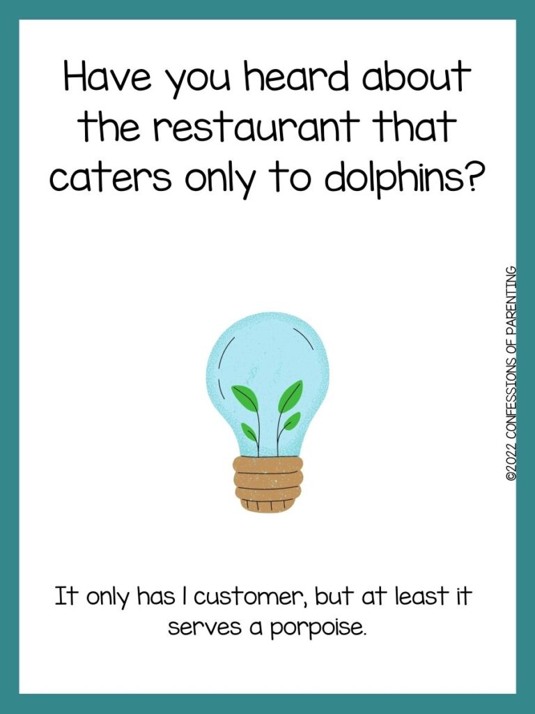 white background with blue border, picture of a light bulb with two green plants inside; earth day joke for kids