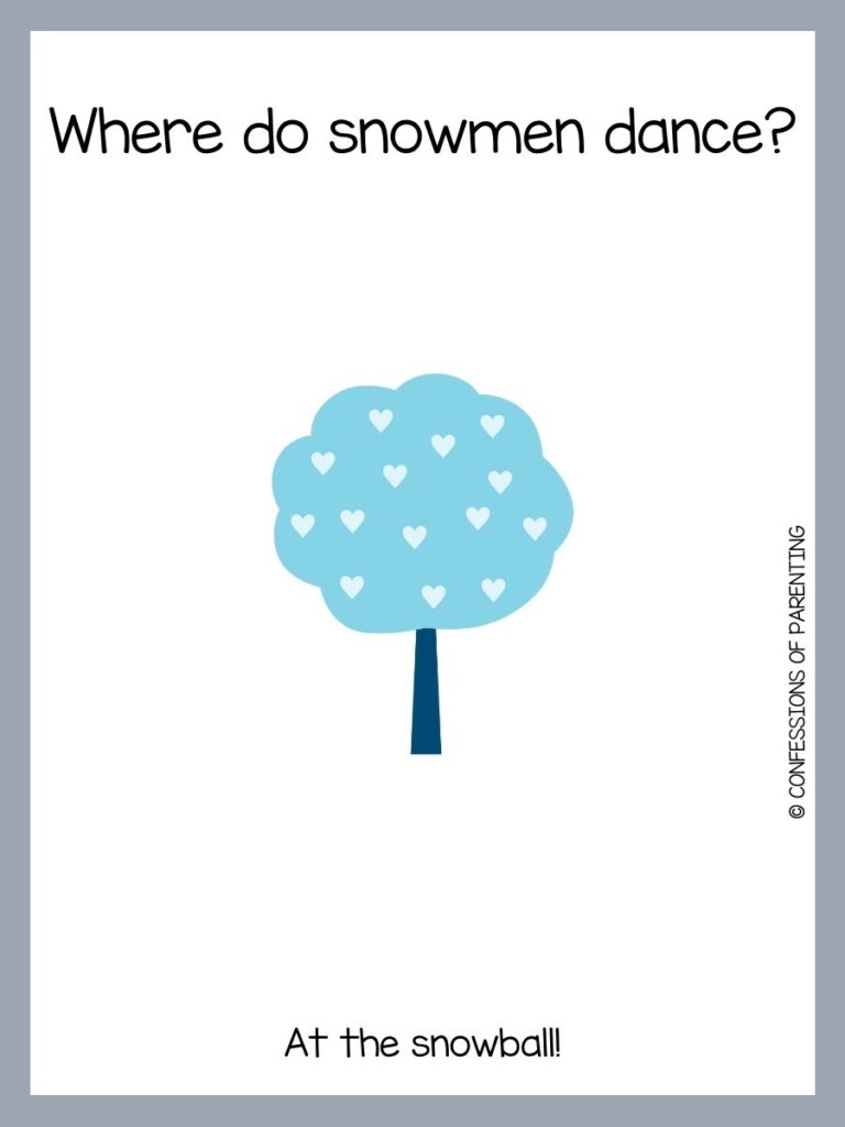 White background with grey border and a blue tree with white hearts. Black writing that says winter riddle