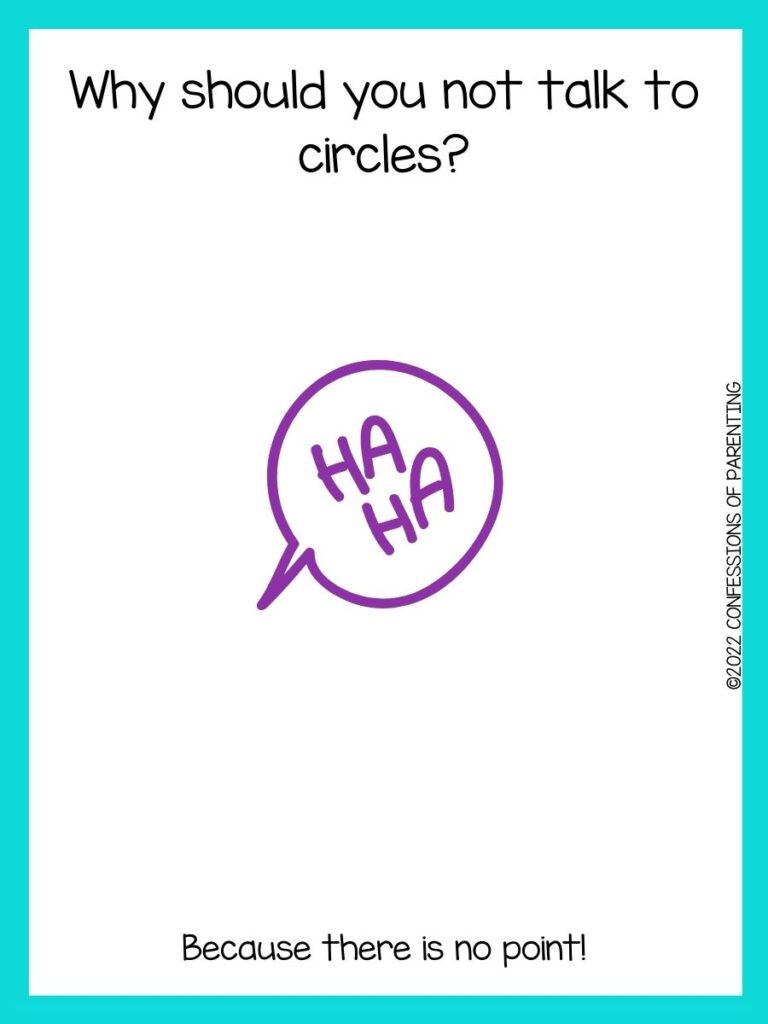 white background with turquoise border and purple speaking bubble that says "ha, ha."