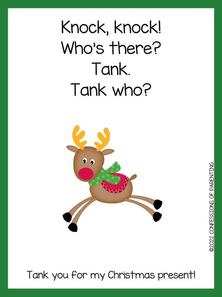 White background with green border. Black writing of Christmas knock knock jokes; brown reindeer with brown antlers, red nose and green scarf