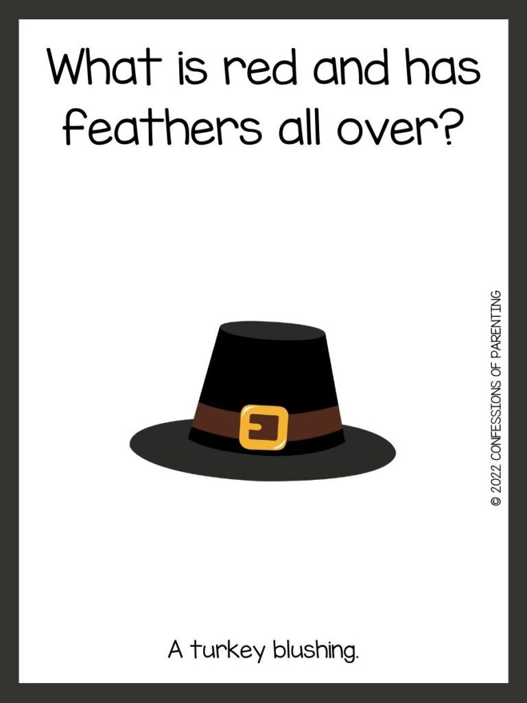 White background with brown border; black writing with Thanksgiving riddles. Black pilgrim hat