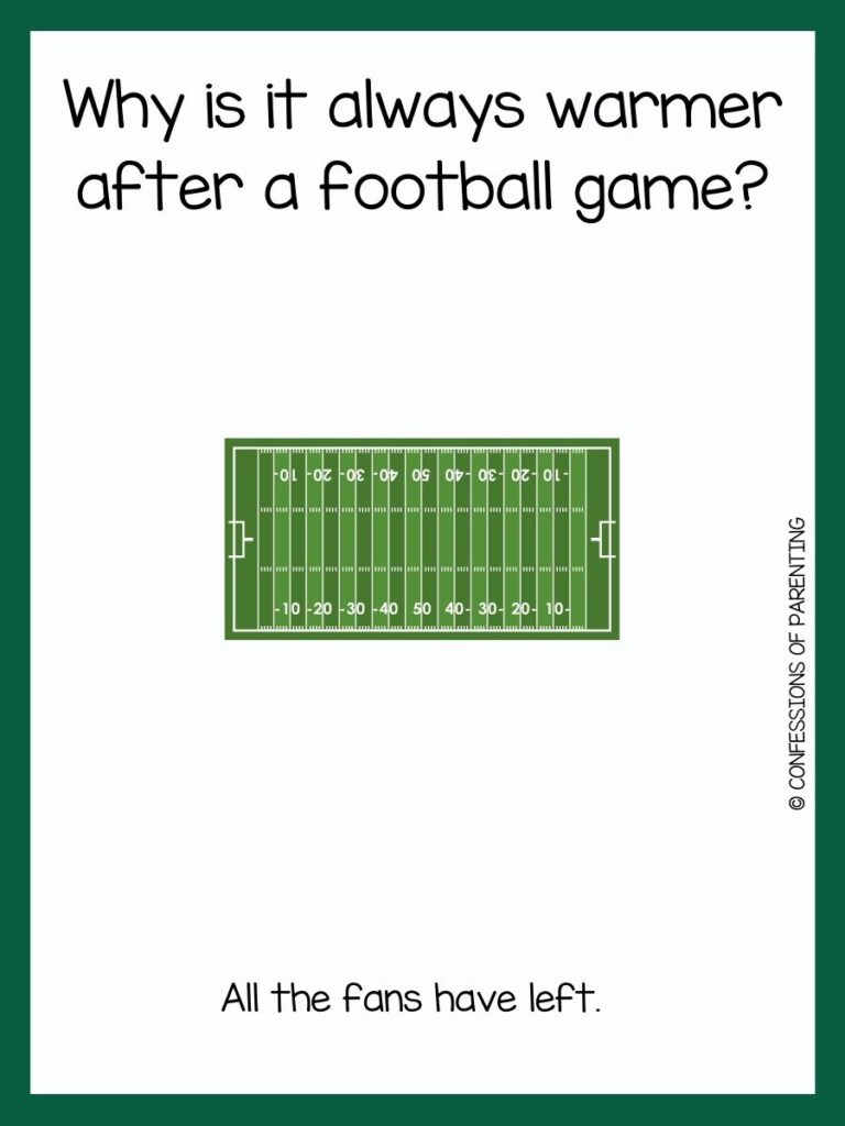 white background with green border, green football field with white numbers; football jokes for kids