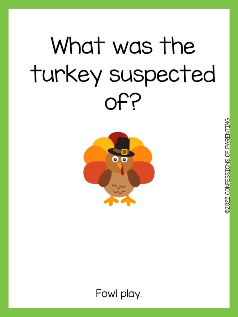 white background with green border, brown turkey with black and white eyes and with colorful feathers and turkey joke for kids