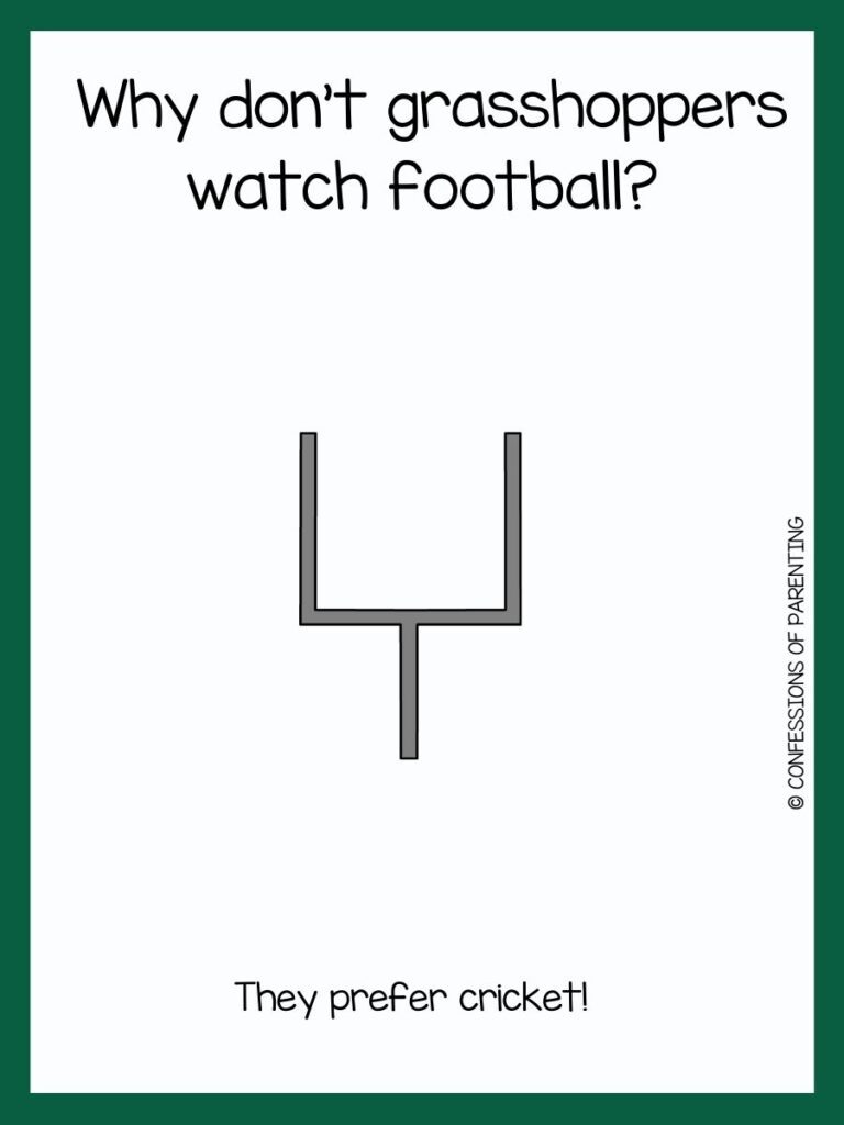 white background with green border, grey goal post; football jokes for kids