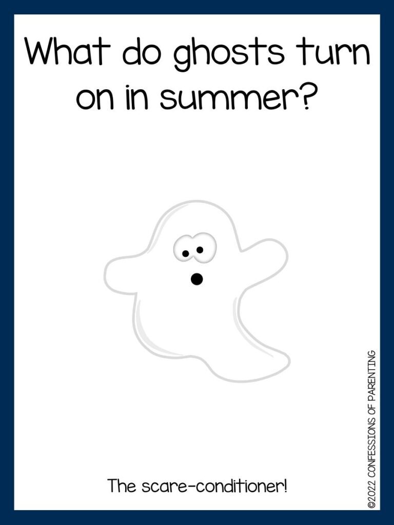 white background with blue border, white ghost with ghost jokes for kids