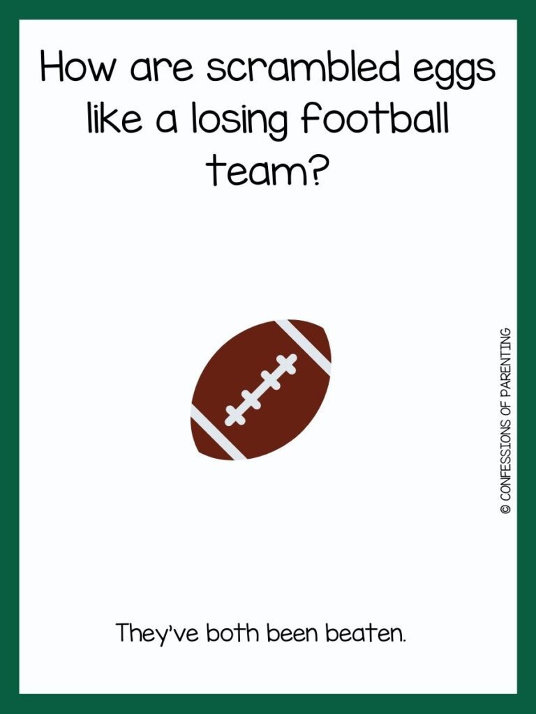 white background with green border, brown and white football; football jokes for kids