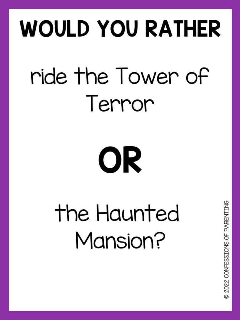 White background with purple border, Black letters asking halloween would you rather question