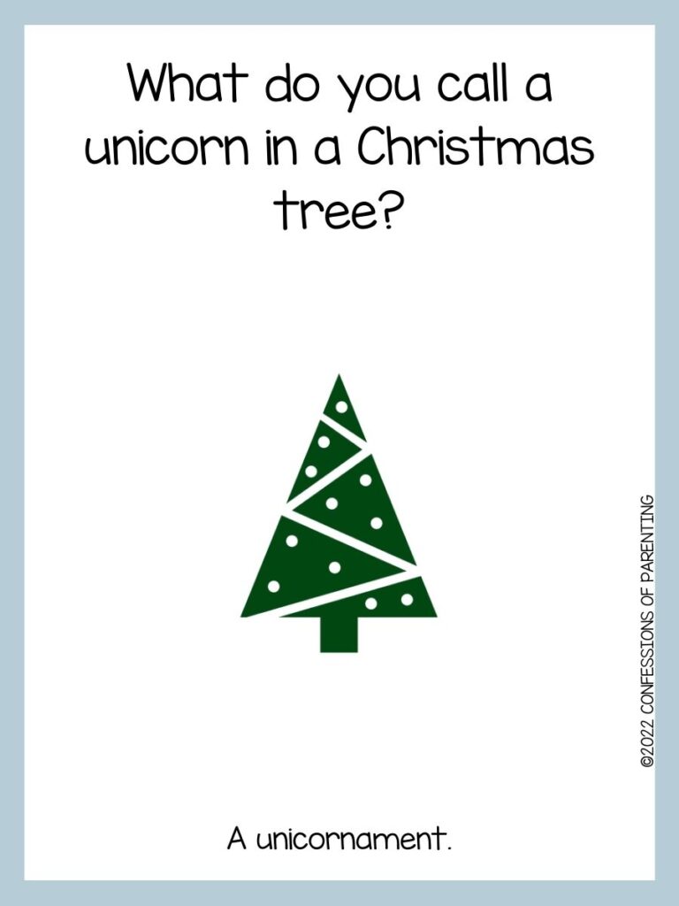 White background with blue border; green  and white christmas tree; Christmas tree joke