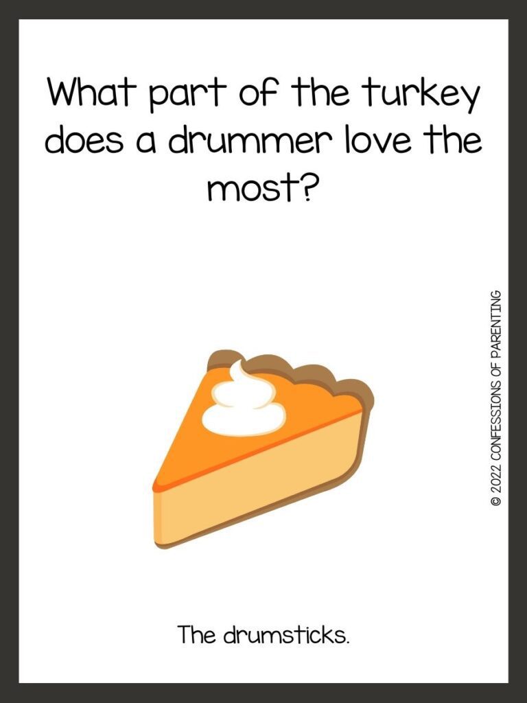 White background with brown border; black writing with Thanksgiving riddles. Piece of pumpkin pie with whipped cream