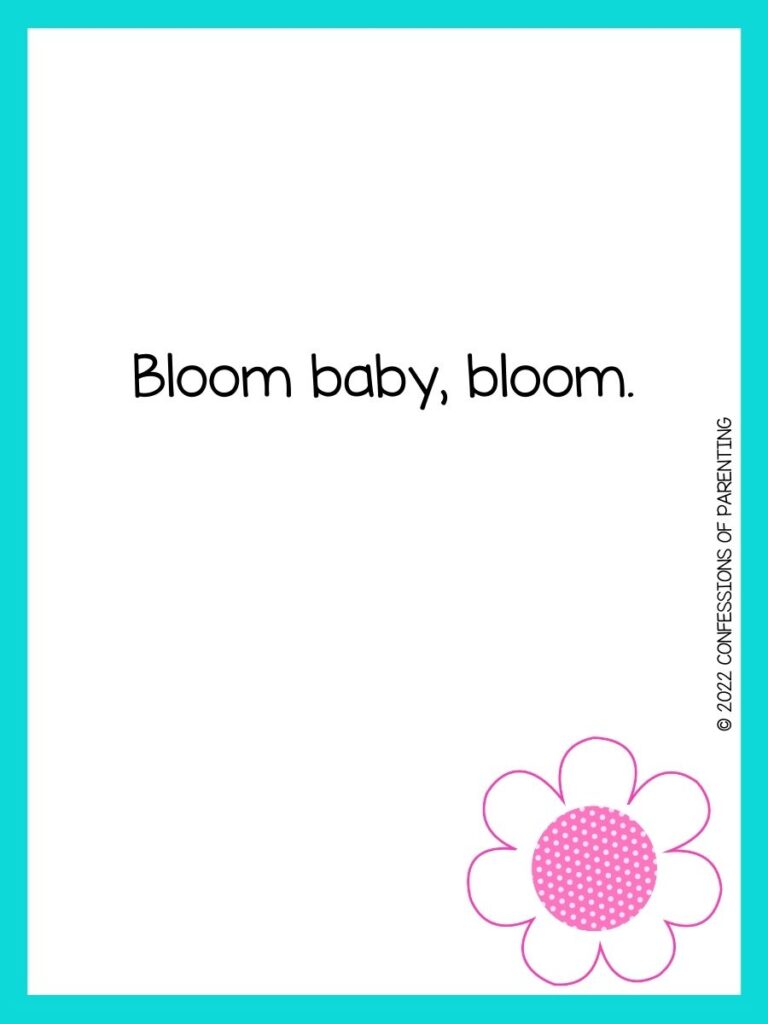 White background with turquoise border, black lettering spelling out spring sayings. Pink flower at bottom