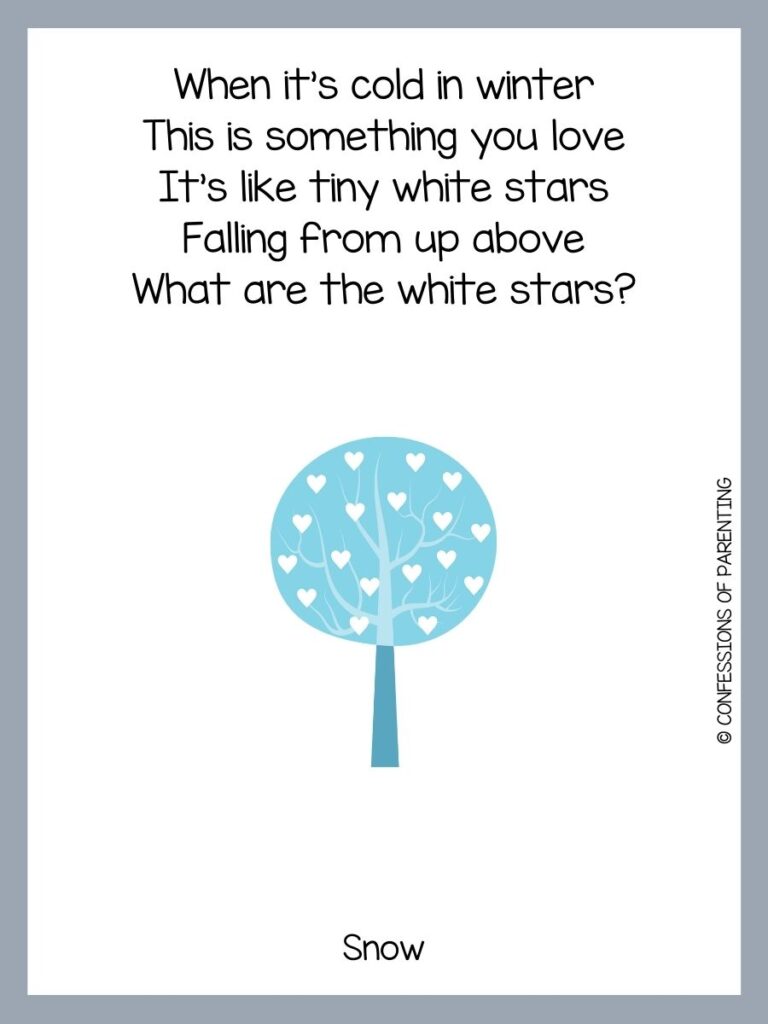 White background with grey border and a blue tree with white hearts. Black writing that says winter riddle