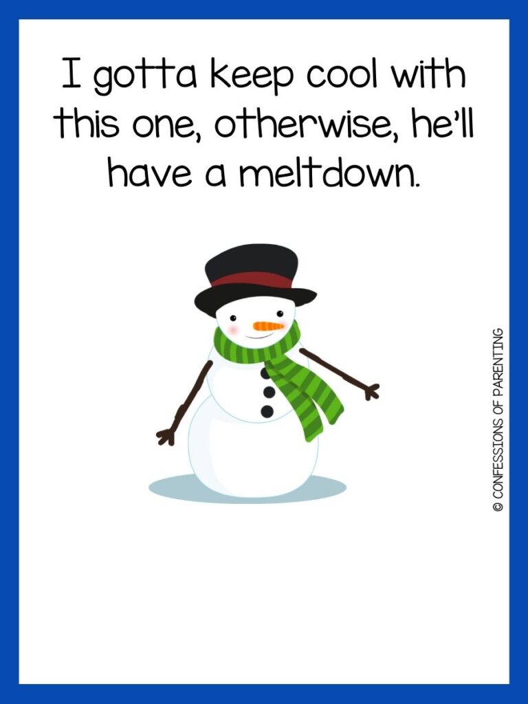 White background with blue border. Snowman with black hat and green scarf. Black letters saying snowman jokes