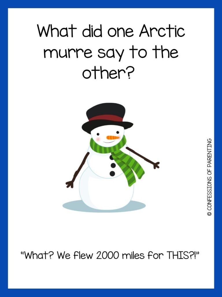 White background with blue border. black writing telling snow joke. snowman with black hat and green scarf