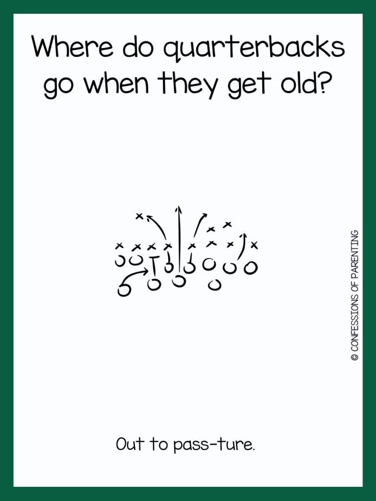 white background with green border, black x's and o's in pattern; football jokes for kids