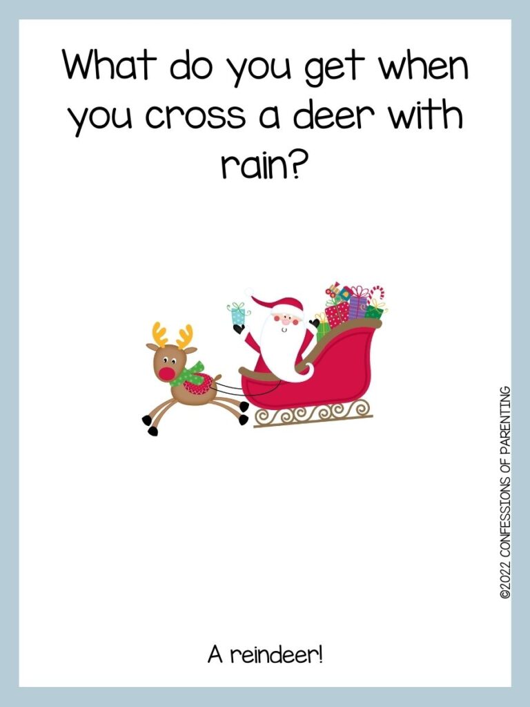 White background with blue border; black lettering with Christmas joke. Red sleigh with presents and santa driving reindeer