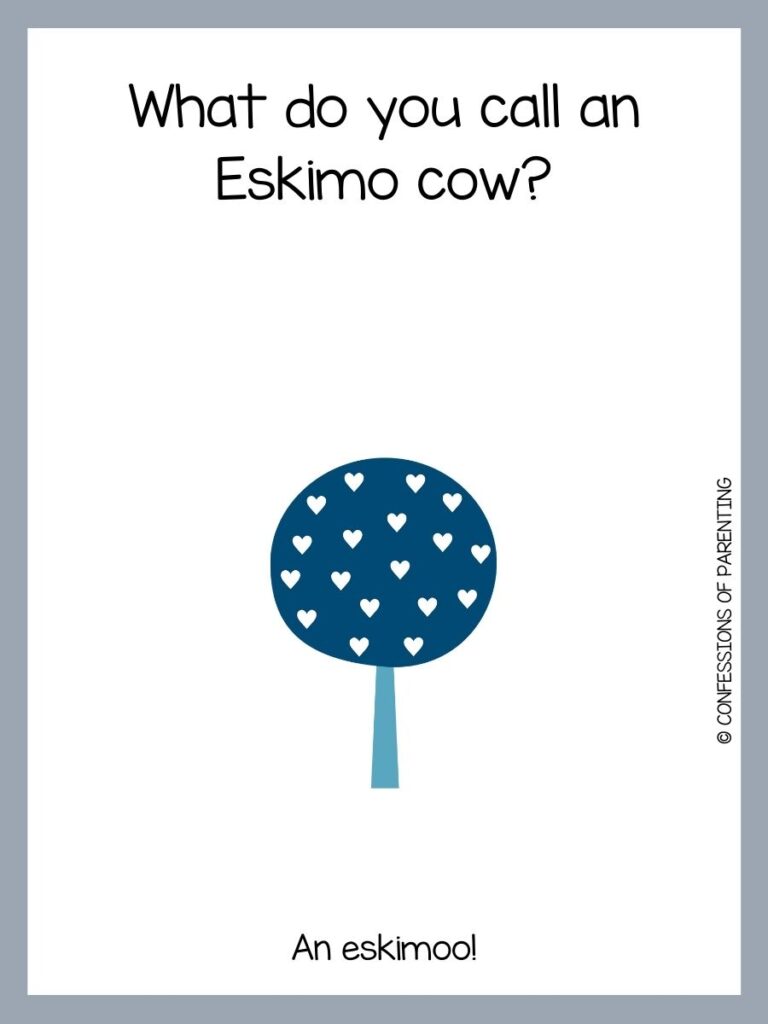 White background with grey border and a blue tree with white hearts. Black writing that says winter riddle