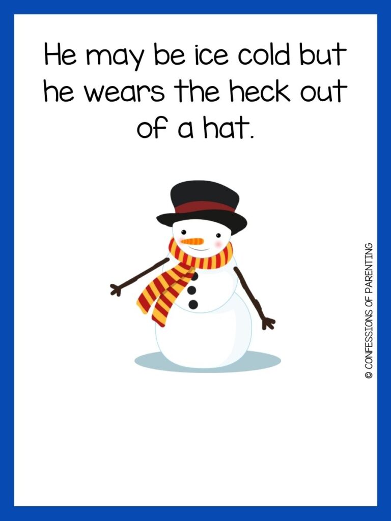 White background with blue border. Snowman with black hat and red and yellow scarf. Black letters saying snowman jokes