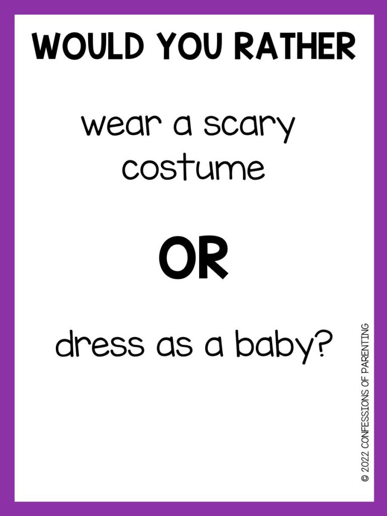 White background with purple border, Black letters asking halloween would you rather question