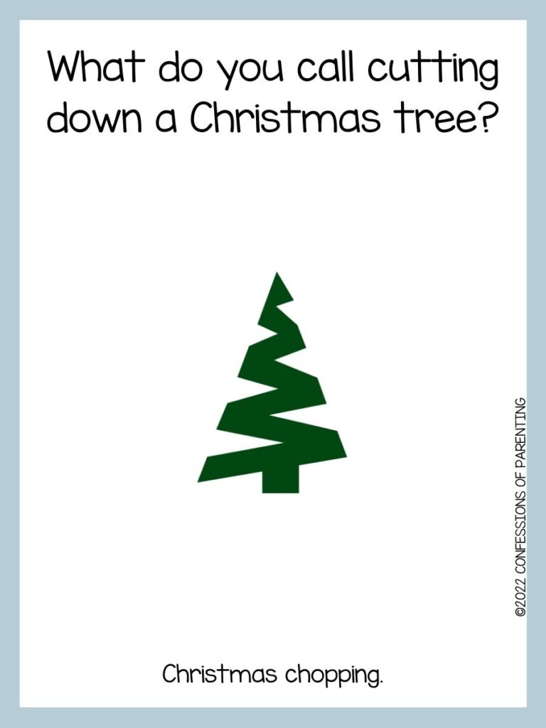 White background with blue border; green zig zag pattern christmas tree; Christmas tree joke