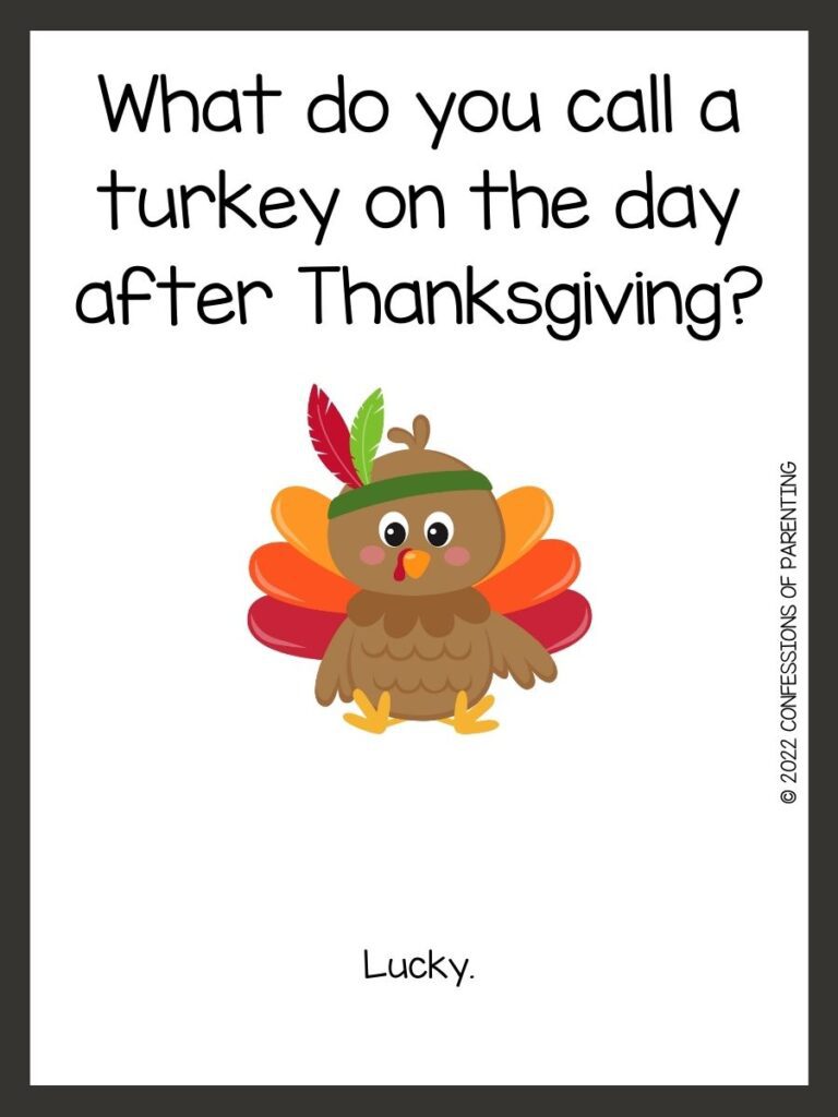 White background with brown border; black writing with Thanksgiving riddles. Brown owl with colorful feathers