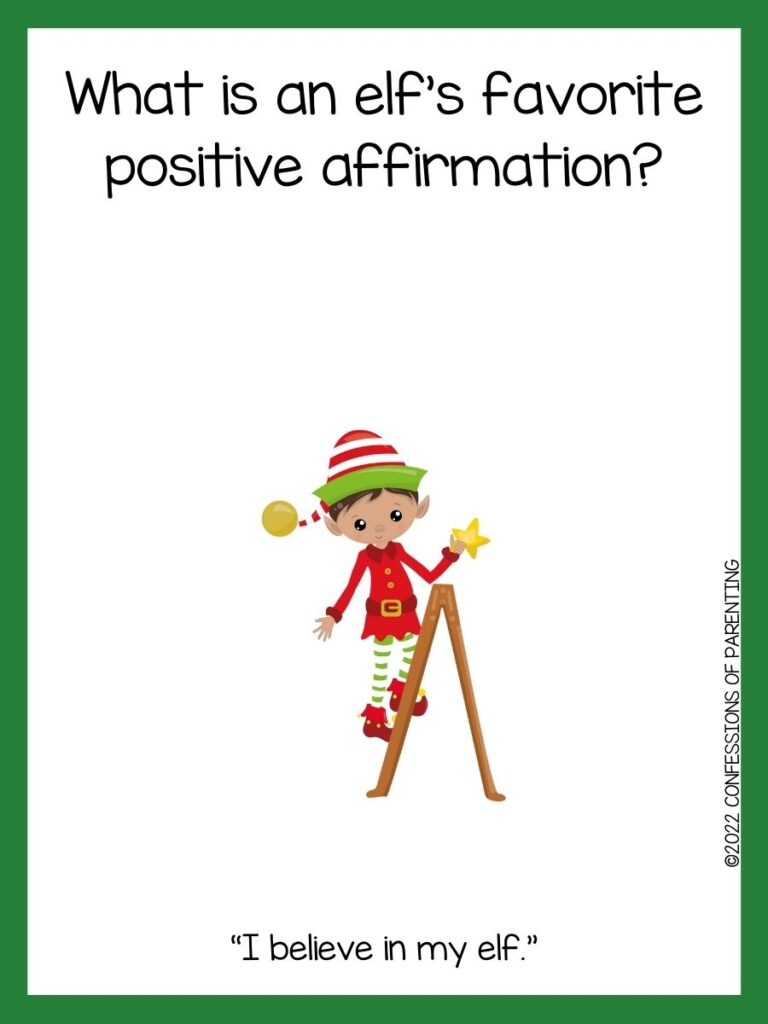 White background with green border, black words telling elf jokes. Elf with red and green hat and coat standing on ladder
