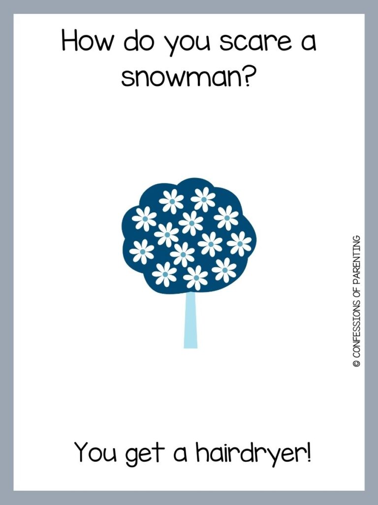 White background with grey border and a blue tree with white flowers. Black writing that says winter riddle