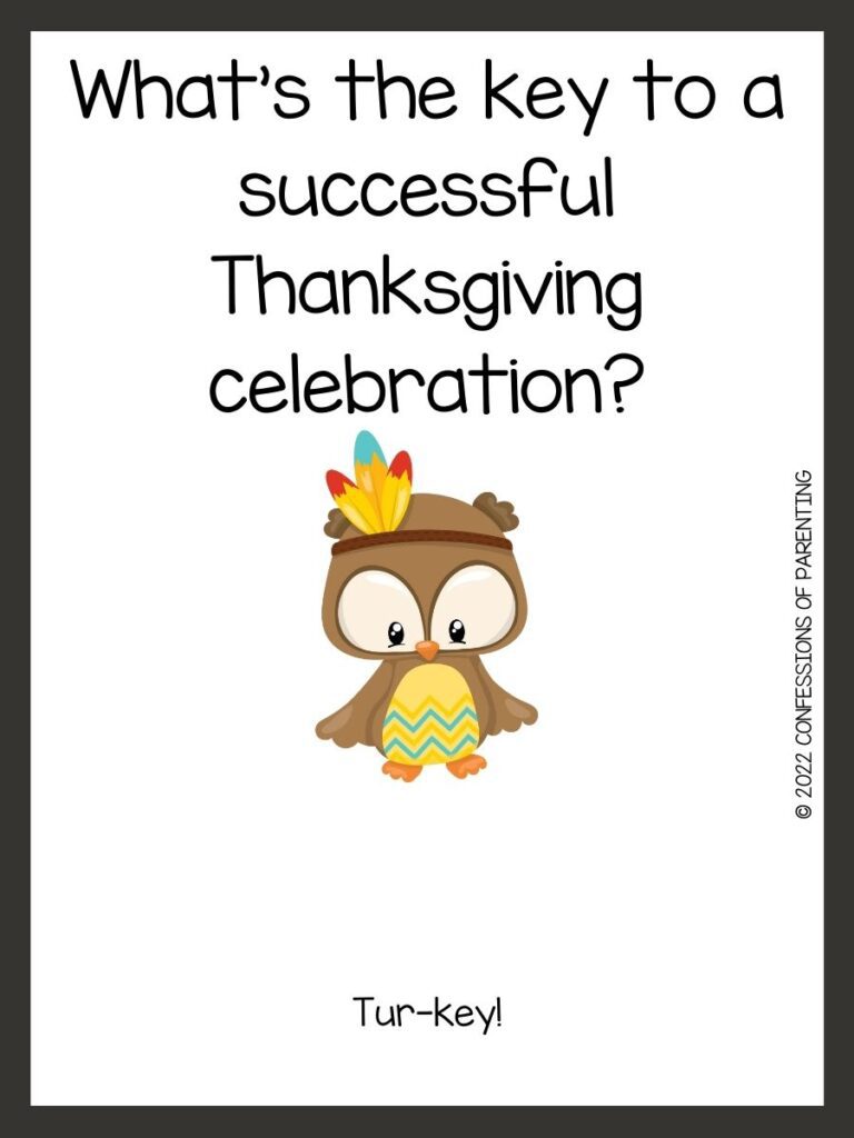 White background with brown border; black writing with Thanksgiving riddles. Brown owl with colorful feathers in head band