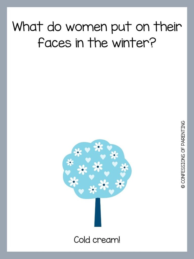 White background with grey border and a blue tree with white hearts and flowers. Black writing that says winter riddle