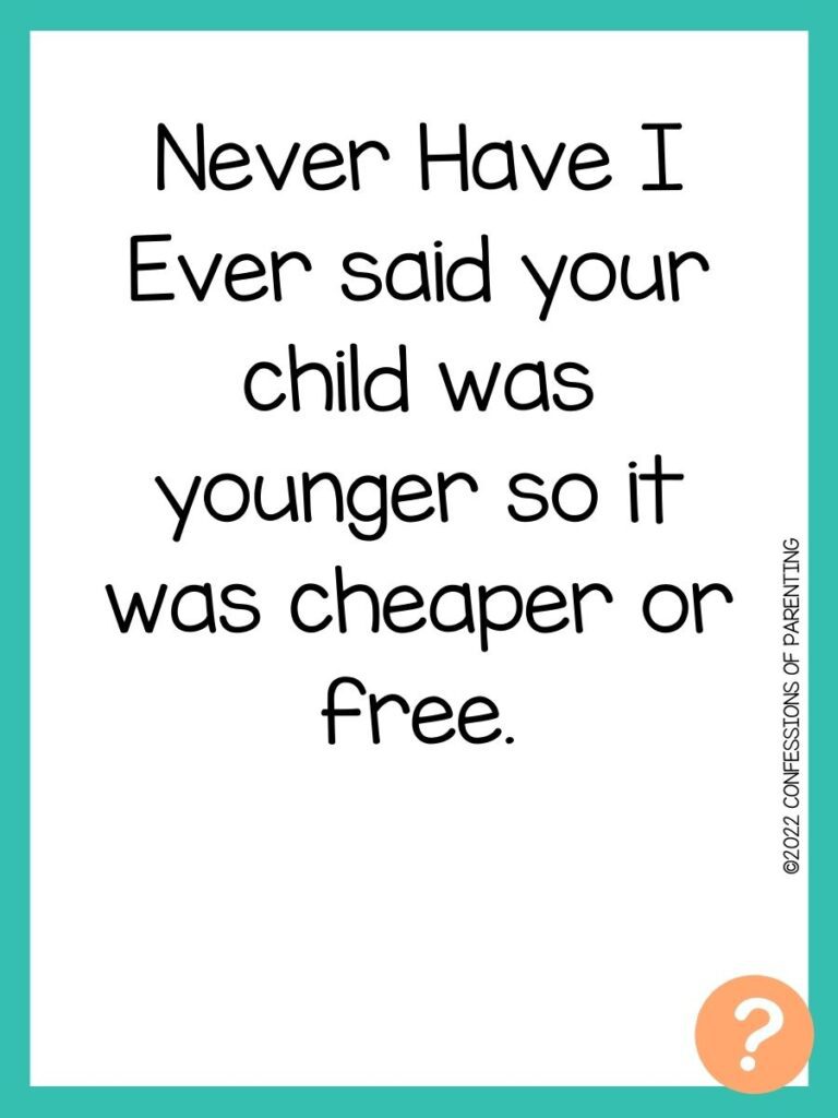 1000 Never have I ever questions on white background, turquoise border, and light orange question marks.