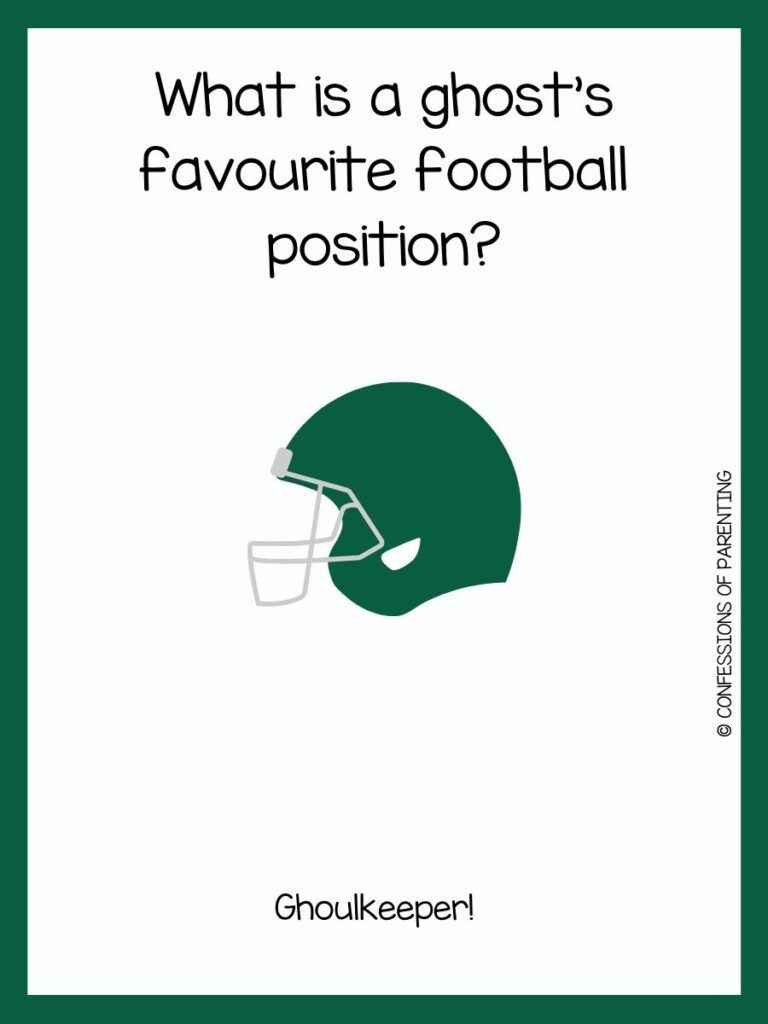 white background with green border, green football helmet; football jokes for kids