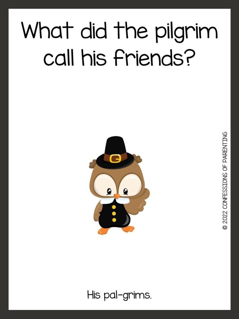 White background with brown border; black writing with Thanksgiving riddles. Brown owl with black hat and suit