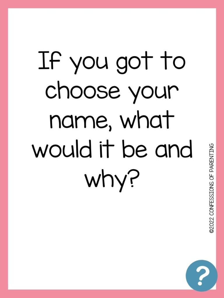 Funny laughable question on white background, pink border, and blue question marks.
