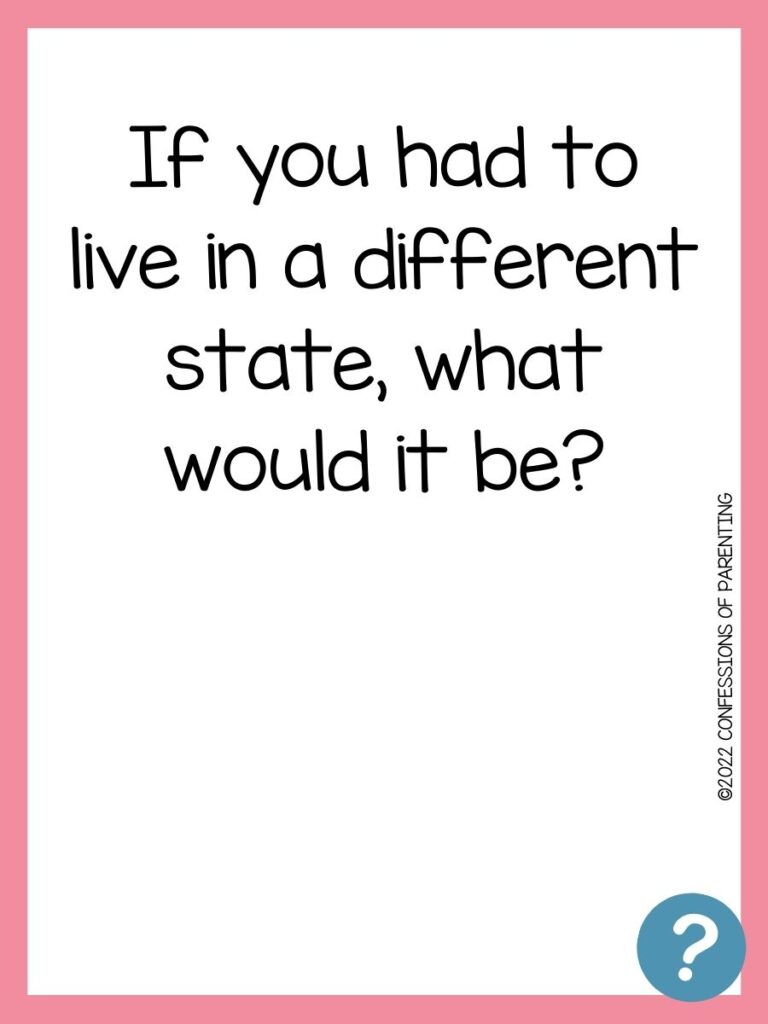 Funny laughable question on white background, pink border, and blue question marks.
