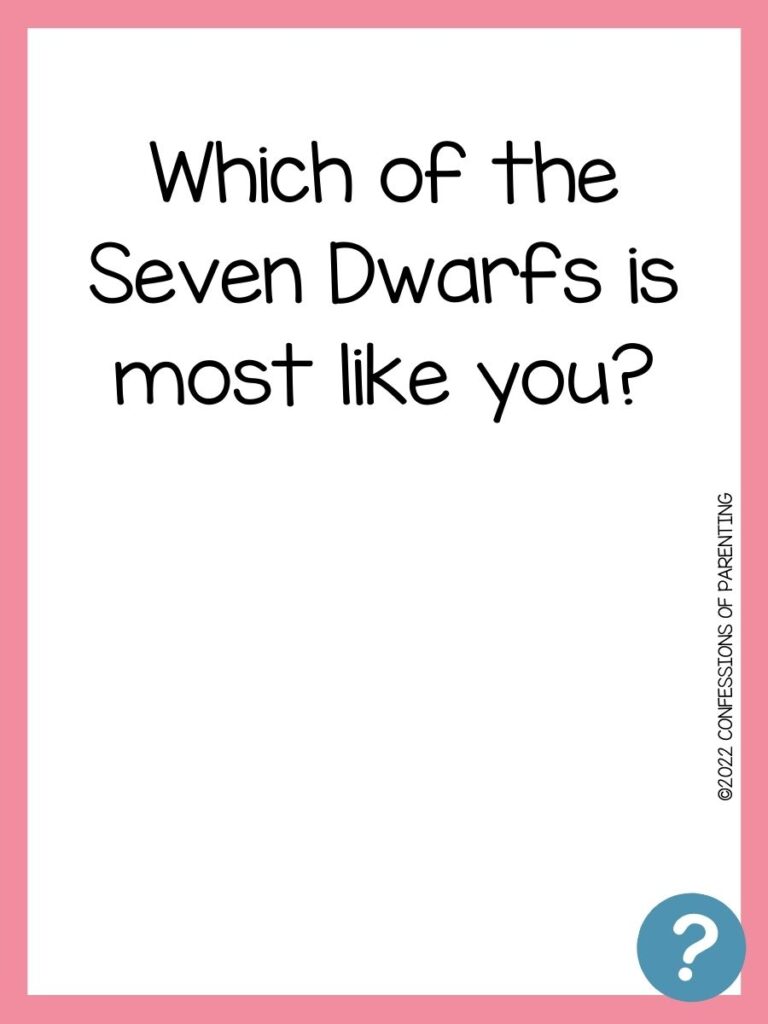 Funny laughable question on white background, pink border, and blue question marks.