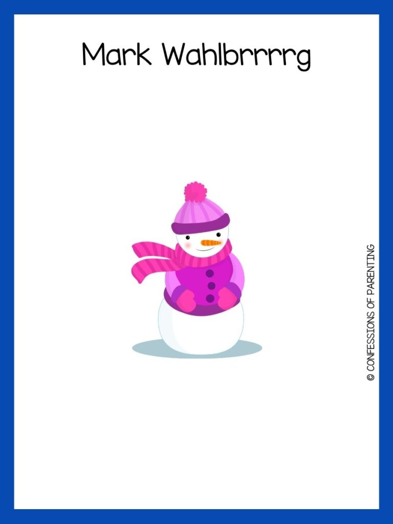 White background with blue border. Snowman with pink and purple hat, scarf and sweater. Black letters saying snowman jokes