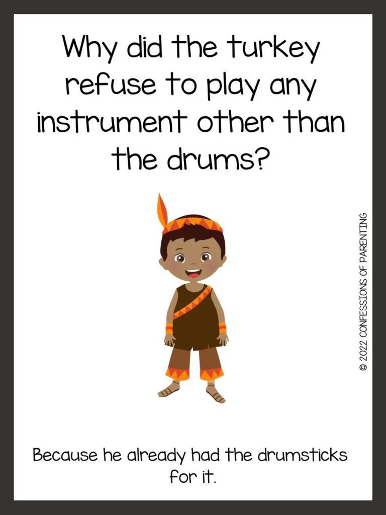 White background with brown border; black writing with Thanksgiving riddles. boy indian with brown suit and colorful headband