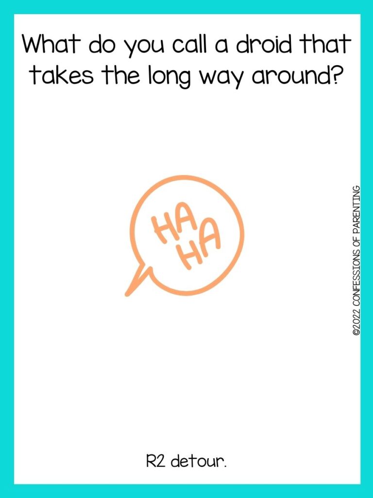 white background with turquoise border and orange speaking bubble that says "ha, ha."