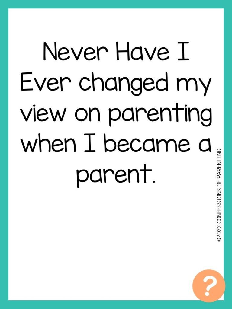 1000 Never have I ever questions on white background, turquoise border, and light orange question marks.