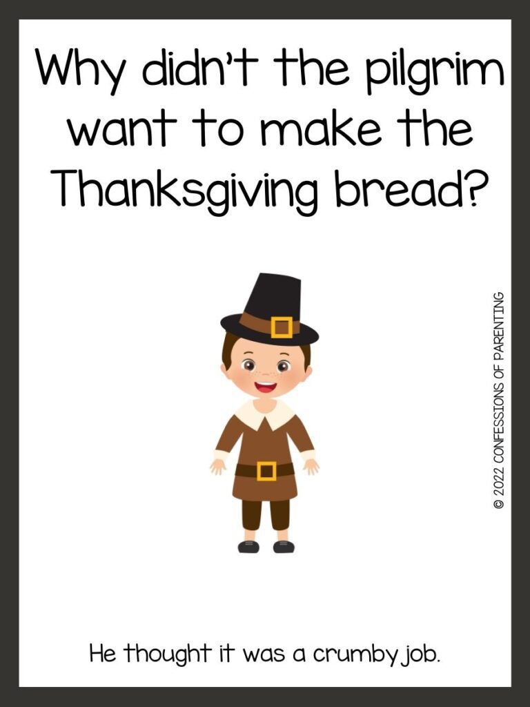 White background with brown border; black writing with Thanksgiving riddles. Boy pilgrim with black hat and brown suit