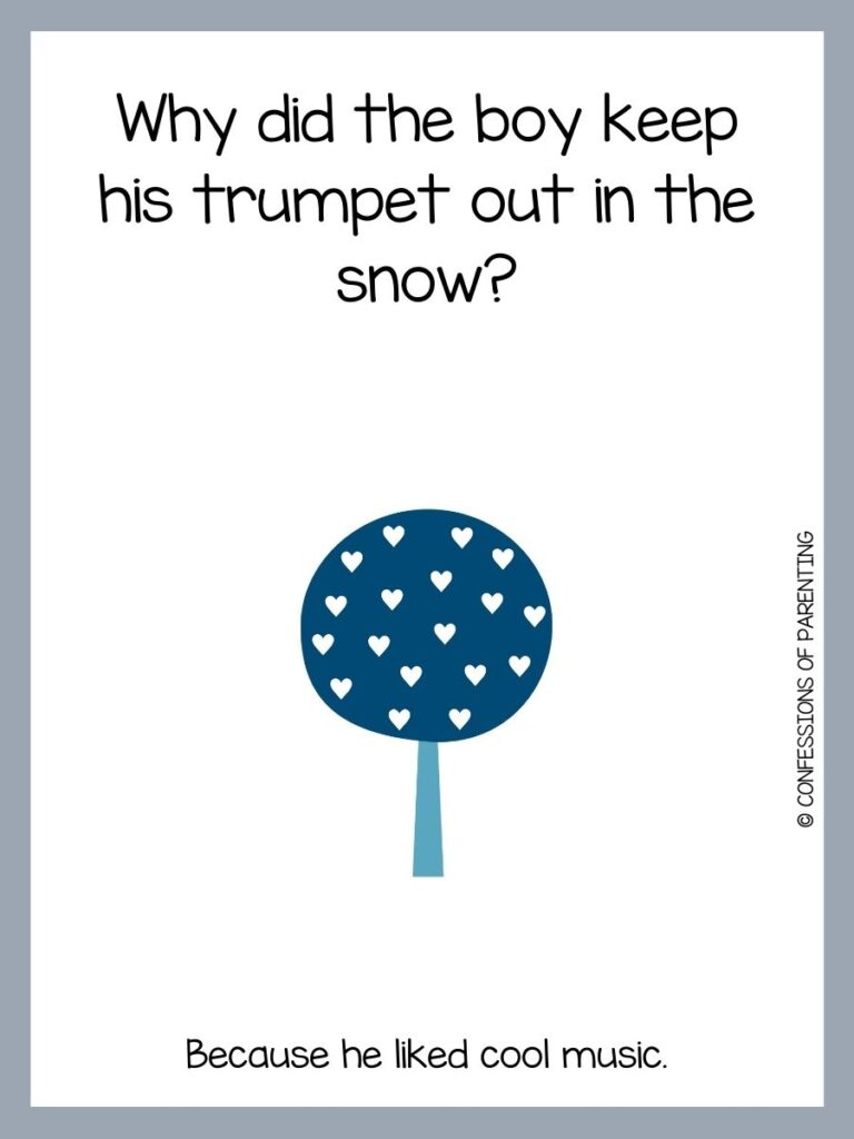 White background with grey border and a blue tree with white hearts. Black writing that says winter riddle