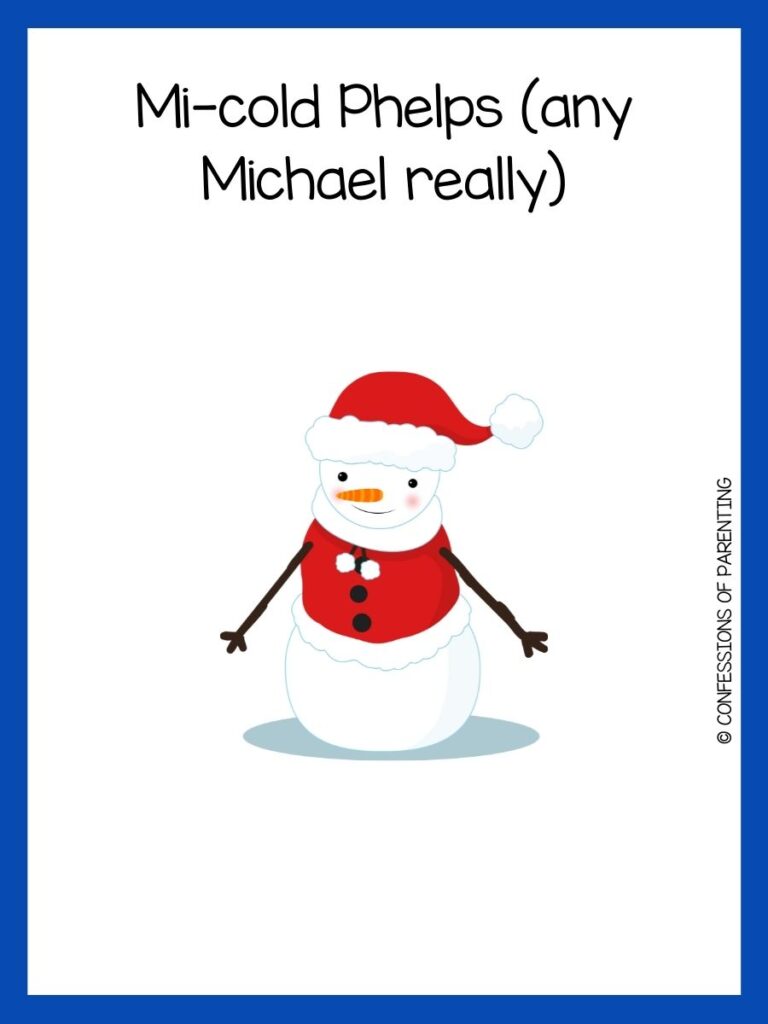 White background with blue border. Snowman with red had and shirt, Black letters saying snowman jokes