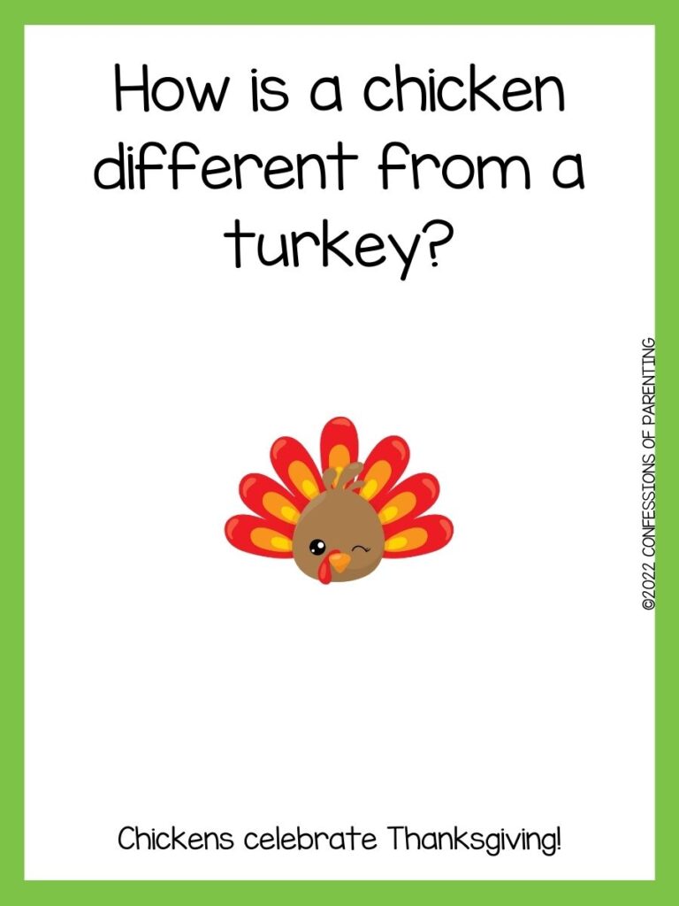 white background with green border, brown turkey with black and white eyes and with colorful feathers and turkey joke for kids