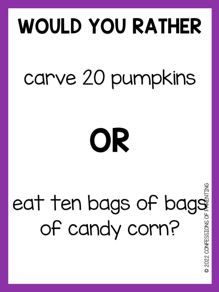 White background with purple border, Black letters asking halloween would you rather question