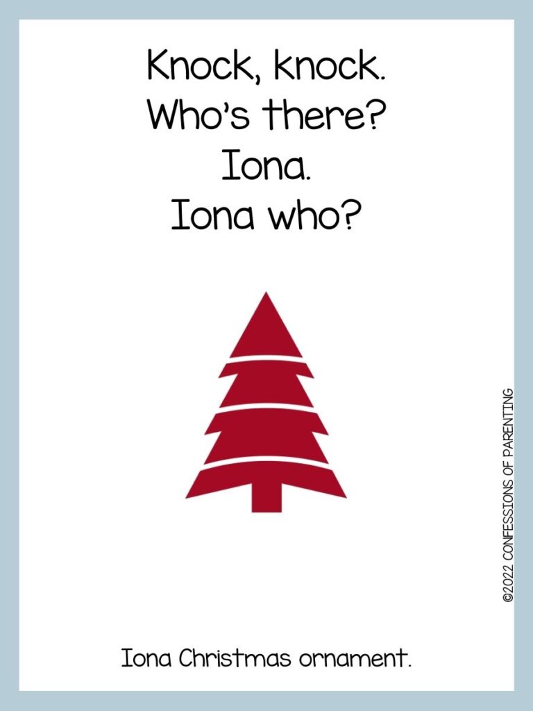 White background with blue border; red christmas tree; with three white stripes: Christmas tree joke