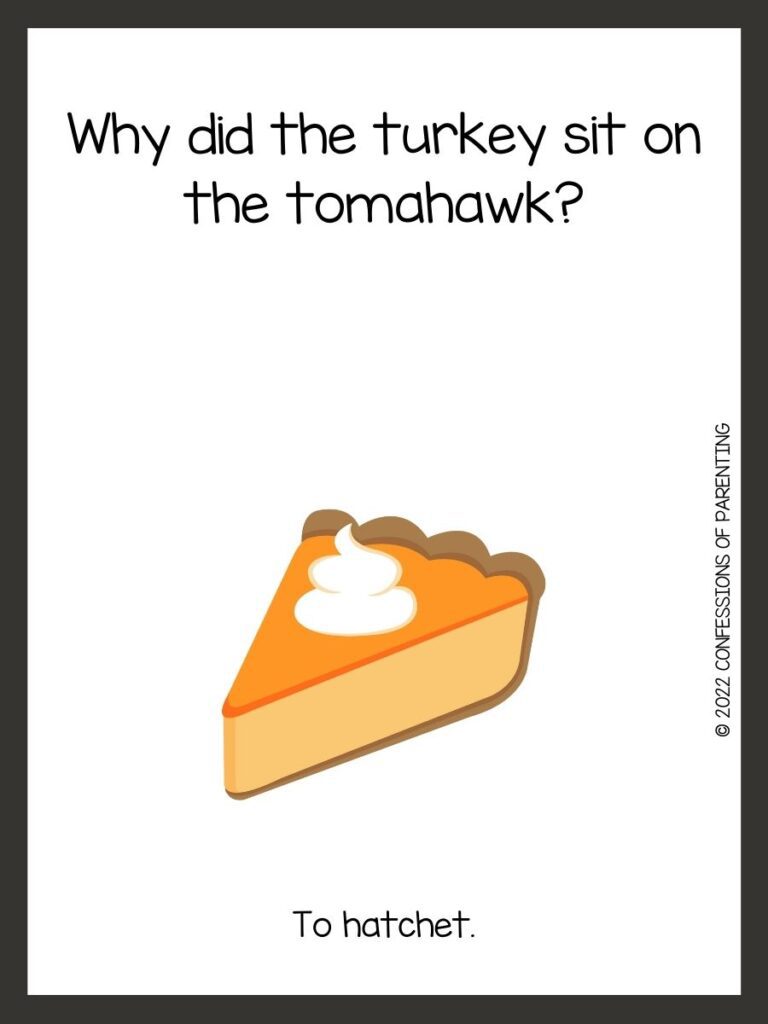 White background with brown border; black writing with Thanksgiving riddles. Piece of pumpkin pie with whipped cream