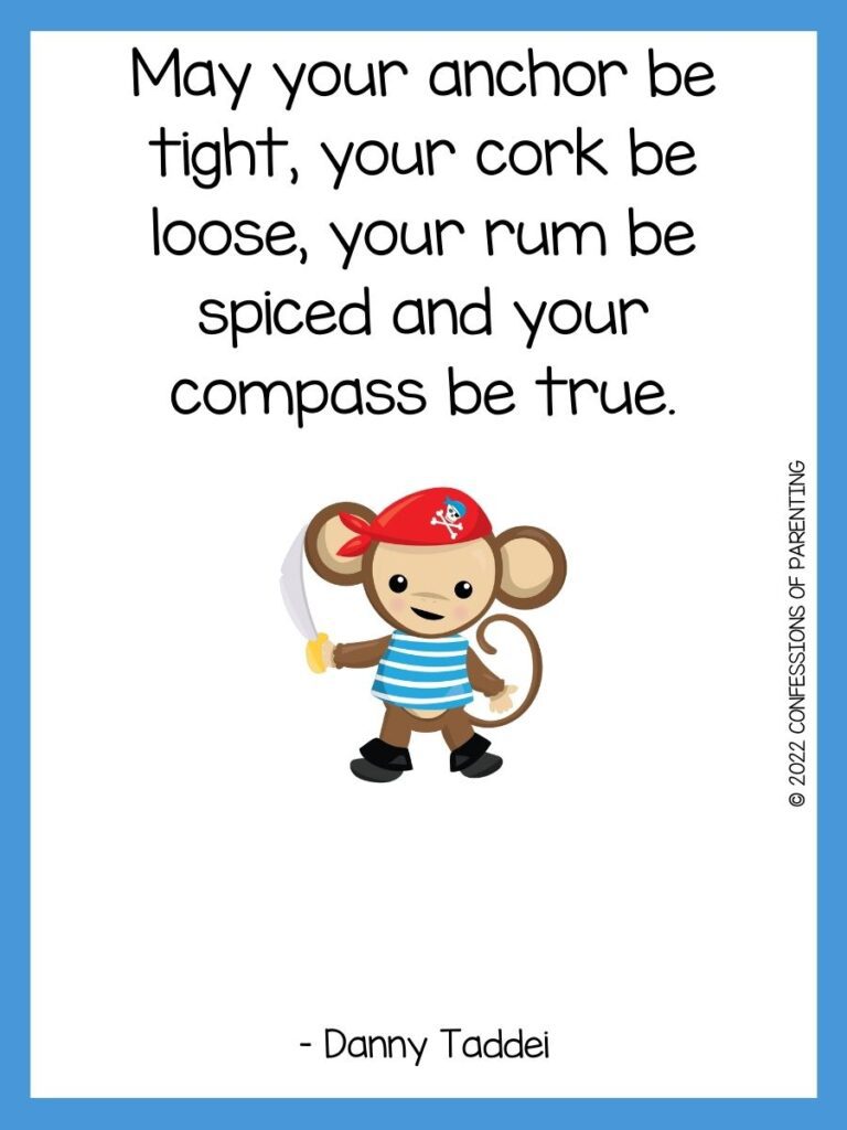 White background with blue border, black writing with pirate sayings for kids. Brown monkey dressed as monkey