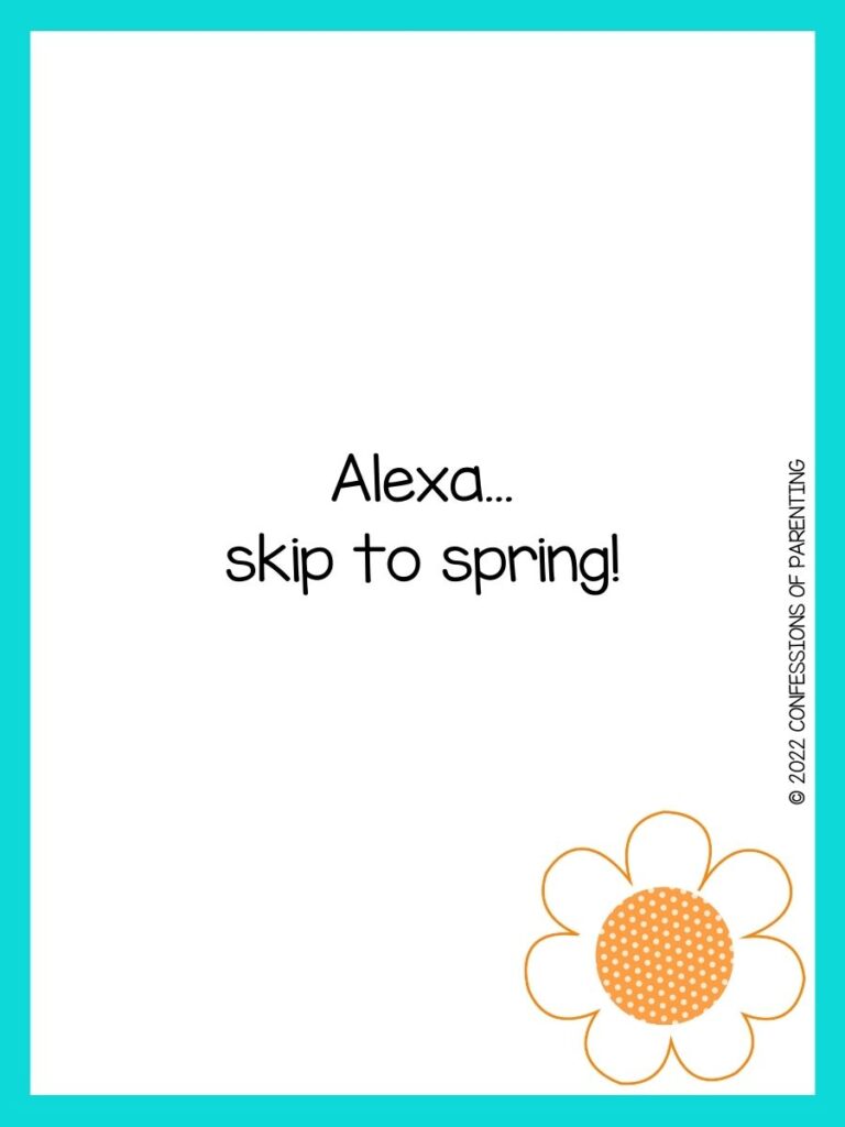 White background with turquoise border, black lettering spelling out spring sayings. Orange flower at bottom